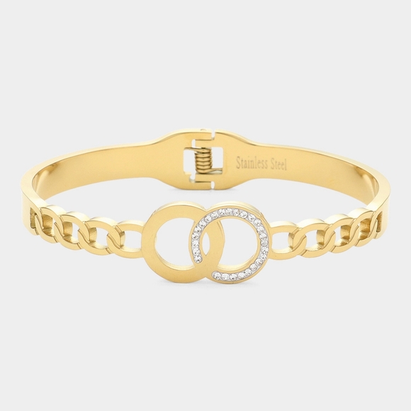 Gold Stainless Steel Link Crystal Double O Bangle Bracelet Jewelry Hinged - Picture 1 of 2